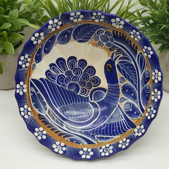 Vintage Hand Painted Mexican Talavera Blue Bird Art Pottery Dish 7.5" - Picture 1 of 8
